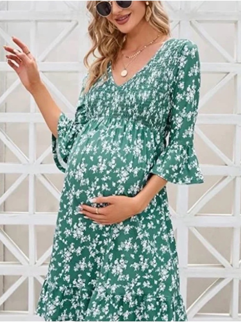 Coolmee Green Floral Maternity Midi Dress Smocked Bodice Bridal Shower Sz Small